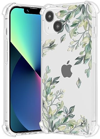 RALEAVO Kompatibel mit iPhone 13 (6.1) Handyhülle Transparent Blume Hülle Mädchen Muster Stoßfest Hülle mit Schön Motiv für iPhone 13-Blatt