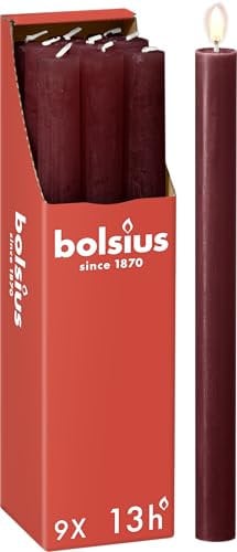 Bolsius - Rustik Stabkerzen - Bordeauxrot - 9 Stück - 27 x 2.3 cm - Länge Brenndauer 13 Stunden - Unparfümierte - Enthält Natürliches Pflanzenwachs - Ohne Palmöl