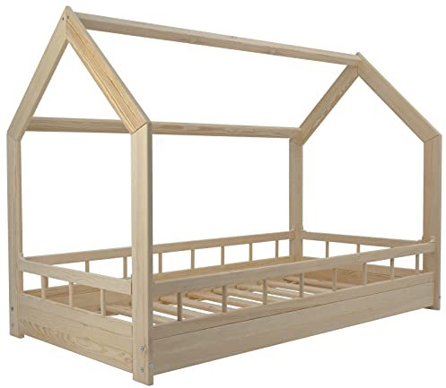 Velinda Kinderbett Hausbett Spielbett Abenteuerbett Naturholz + Schutzgitter 160x80