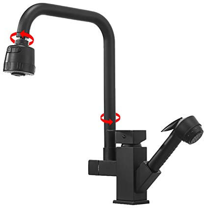 BTZHY Grifo,Grifo de Cocina Negro Grifo de Cocina de latón extraíble Grifo de Cocina Giratorio Grifo Monomando Grifo de Fregadero de Cocina de un Solo Orificio Grifo de Fregadero de Cocina con roc