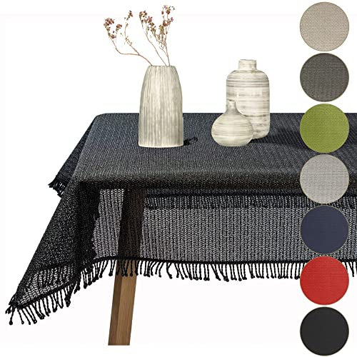 Gartentischdecke geschäumt eckig rund oval wetterfest rutschfeste Weichschaum Tischdecke abwaschbar Garten Balkon Outdoor Camping mit Fransen (Schwarz, 140cm Rund)