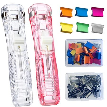 Lzzabo Reusable Portable Paper Clam Clip Dispenser - 40 Sheet Capacity, 2pcs Dispenser with 100 Refill Clips (50 Silver + 50 Color) for Home, School, Office (Pink and White)