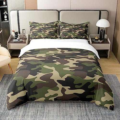 jejeloiu Camouflage Bettbezug 100% Baumwolle Camo Bettwäsche Set Militärstil Teppiche für Wohnzimmer Camouflage Druck Grün Braun Tröster Bezug Set Tagesdecke Bezug Twin Size