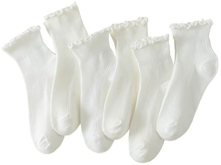 Hstyle Ruffle Socks Women, 6 Pairs of White Breathable Cool Ankle Socks