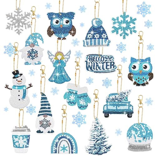 Homgaty Diamond Painting Weihnachten Anhänger, 16 Stück 5D Diamant Painting Schlüsselanhänger Kinder, Doppelseitige DIY Schneeflocken Eule Diamant Malerei Kit für Weihnachtendeko und Geschenk