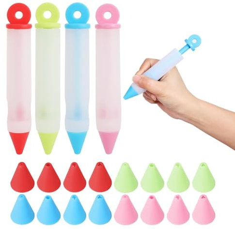 Penna Decorazione in Silicone, 4 Pieces Silicone Penna Decorazione Cioccolato Siringa Per Dolci Pennarello Decorazione con 4 Ugelli Strumenti Per Biscotti Pasticcini Cioccolata Torte Con Crema