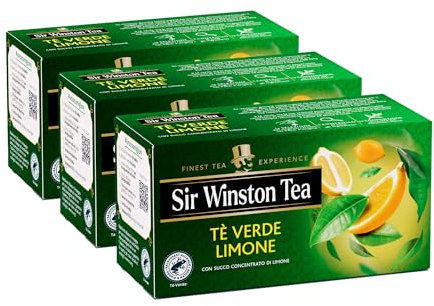 Sir Winston Tea, Tè Verde Limone, 60 Filtri (3 Confezioni da 20 Filtri), Gusto Delicato e Agrumato, Certificato RFA, Senza Lattosio, Glutine e Allergeni, Vegan