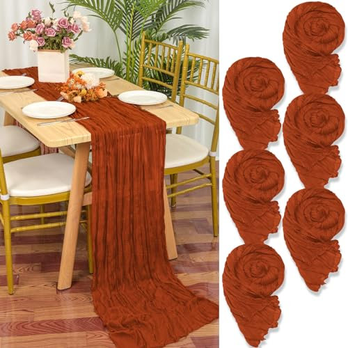 6 Stück Seihtuch Tischläufer Terrakotta,90 x 300cm Rostfarbene Rustikaler Gaze Stoff Boho Tischläufer Käsetuch Cheesecloth Tischläufer Hochzeit Tischdecke für Hochzeitsfeier Brautparty Tischdekoration