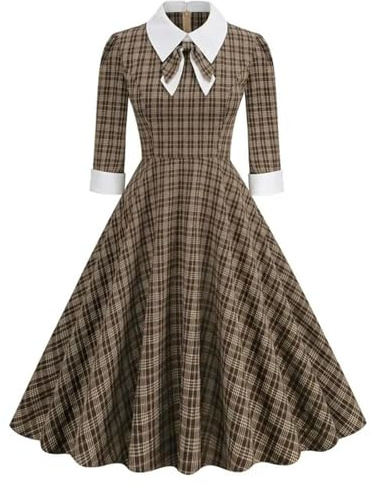 Automne Hiver Rétro À Carreaux Robes Imprimées Vintage Noeud Une Ligne Robe De Soirée Robes Élégantes Années 40 50 60 Robes Rockabilly-Café-XXL