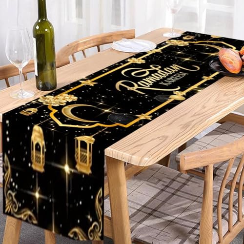 RamadanTischläufer Mehrfarbig 35 x 180 cm Ramadan Leinen Tischdecke Muslim Islamische Iftar Tischdecke Deko mit Gold Stern Mond Laterne Moschee für Tisch Dekoration Drinnen Urlaub Party (Schwarz)
