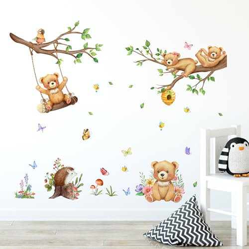 HaoFuJi Wandtattoo Kinderzimmer Bär Waldtiere Junge Mädchen Dschungel Deko Wandsticker Ast Tiere Wandaufkleber Wanddeko Wohnzimmer Babyzimmer Wandbild Kinder Aufkleber Safari Tapete