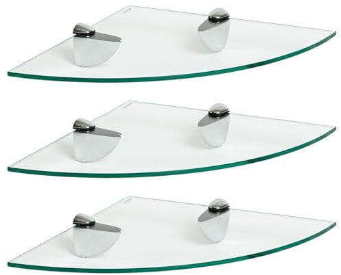 Harbour Housewares 3X Klar 30cm Schwebende Eckregale aus Glas - Badezimmer Dusche Küche Regale Lagerung Anzeigeeinheit mit Silberne Klammern