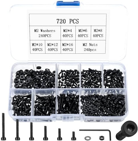 Kit 720 Pezzi M2 di Viti e Dadi Con Rondelle - Testa Esagonale, Brugola, Cilindrica Con Esagono Incassato - Bulloni Neri