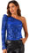 Allegra K Damen Glitzer Pailletten Top One Shoulder Puff Langarm Schimmer Tops Blau S