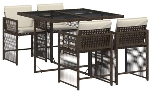 vidaXL Garten Essgruppe 5-TLG., Gartenmöbel Set Tisch mit 4 Stühle, Gartengarnitur mit Kissen, Sitzgruppe Essgarnitur Terrasse, Braun Poly Rattan