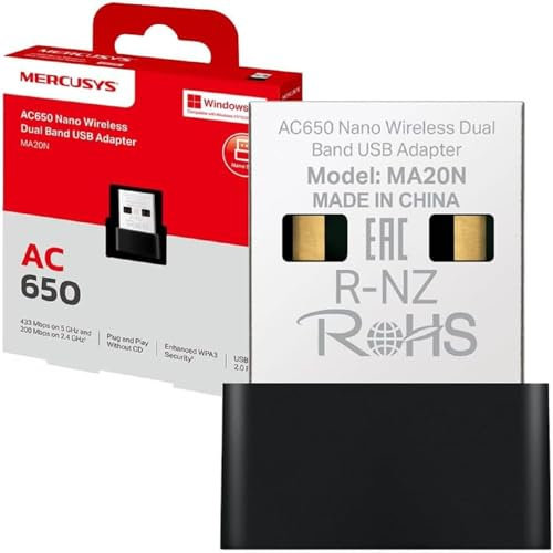 MERCUSYS MA20N TP-Link Clé WiFi AC650Mbps, Clé WiFi pour PC, Taille Nanométrique, Adaptateur Clé USB WiFi, Carte WiFi pour PC, Dongle WiFi Bi-Bande, Compatible avec Windows 11/10