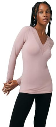 YSABEL MORA - Camiseta térmica Cuello Pico Encaje Manga Larga Rosa Palo