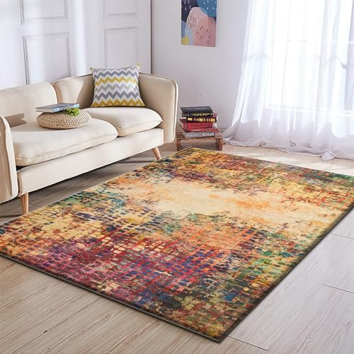 MOONLIGHT20015 Washable Rugs Living Room Large 200x290 cm - Fluffy Vintage Area Rugs for Bedroom - Non Slip Low Pile Soft Boho Rug Carpets for Lounge - Traditional Rug for Dining Room, Vibrant