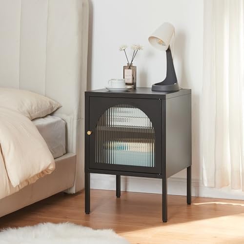 [en.casa] Table de Chevet avec Porte d'Armoire et Étagère Réglable en Hauteur Table de Nuit pour Salon Bureau Chambre Acier Laqué Verre Strié 60 x 43 x 40 cm Noir Mat