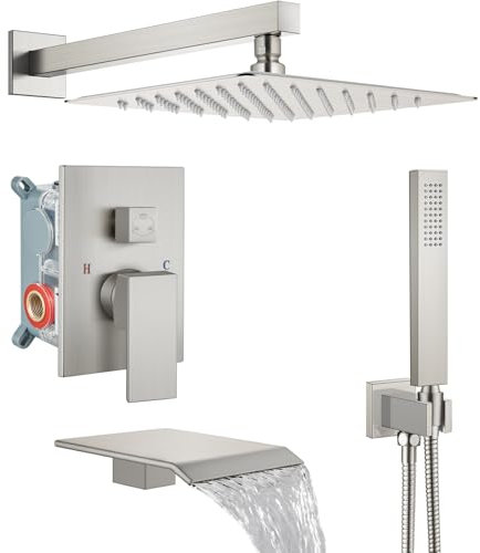 Midanya Regenduschsystem Wanne Dusche Wasserhahn Set Regendusche Duschkopf mit Handbrause und Wasserfall Wanne Auslauf Wanne Dusche Combo Rough-in Ventil enthalten Badezimmer Wandmontage 20,3 cm