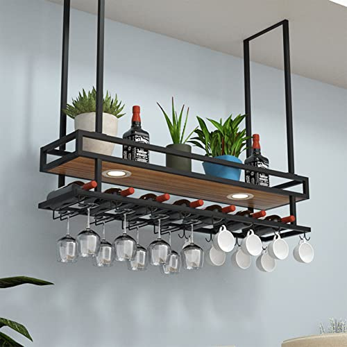 Industrielles Deckenregal Weinglasregal mit LED-Lichtern Hängendes Weinregal mit Glashalterregal und Flaschenhalter Schwarz Metall Deckenregal für Bar Cafe Küche