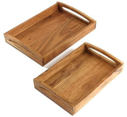 Hazelton Oaks 2 in 1 Mango Wood Rectangle Serving Trays – Large and Small Tray Set of Both, Decorative Wooden Tray with Built-in Handles for Food Serving or Organising. (2 in 1)