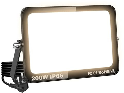 SKYWORLD 200W Projecteurs LED Extérieur, 20000LM Spot LED Extérieur avec prise, Étanche Éclairage de Sécurité Projecteur led lampe de Patio, Jardin, Garage, Terrasse, 3000K Blanc Neutre