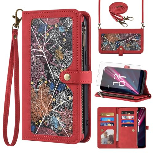 Asuwish Handyhülle für Telekom T Phone Pro 5G/T-Mobile Revvl 6 Pro Hülle mit Band Folie Schutzfolie Kartenfach Klappbar Leder Geldbörse Ständer T-Phone Handy Hüllen Schutzhülle Wallet Phone Case Rot