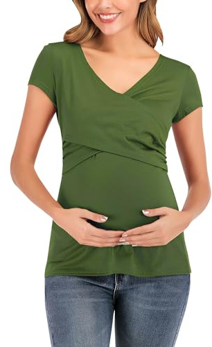 FEOYA T-Shirts für Schwangere Atmungsaktiv Stillen Top V Ausschnitt Stillbluse Casual Bequem Umstandstop Sommer Baumwolle Einfarbig Stillshirt XXL