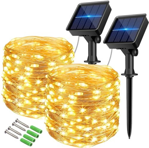 Vulisox Solar Fairy Lights, Waterproof Solar String Lights, 2 Pack Total 24M/ 80Ft 120LEDS / 8 Modes, Copper Wire Garden Lights for Indoor, Outdoor, Party, Festival Decorations (Warm White)