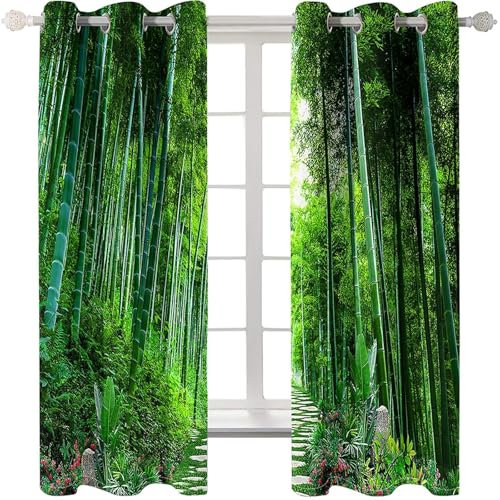 Homxi Blickdicht Gardinen 2er Set,2 x 137W x 244H cm,Vorhang Schlafzimmer mit Ösen Bäume und Straßenlandschaft Grün Vorhang Schlafzimmer Modern