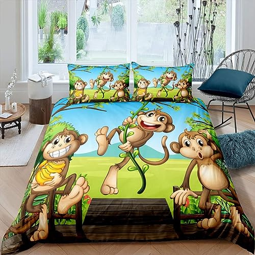 richhome Affe Bettwäsche mit drei Cartoons, Affe, Prinz, Bettbezug 140 x 200 cm, für Kinder, Jungen, Mädchen, Safari, Banane, Rattan, Bettwäsche-Set, niedlich, Tier-Bettwäsche-Set