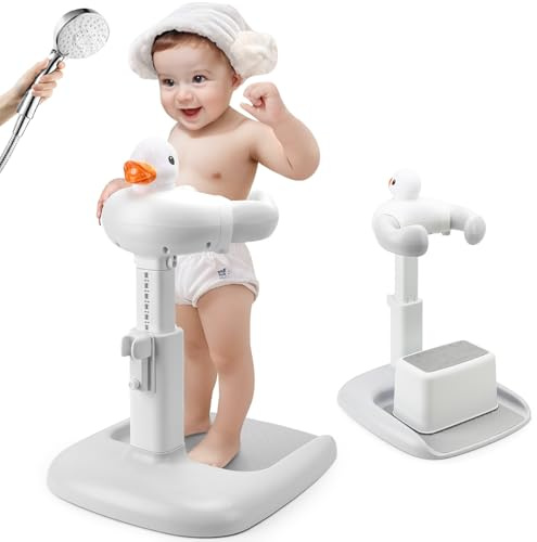 Höhenverstellbar Baby Badewanne Gestell mit Sitz: Stand Dusche with Seat für ab 6 Monate Kinder - AntiRutsch-Basis and Enten-Design Hilfe Kinderdusche