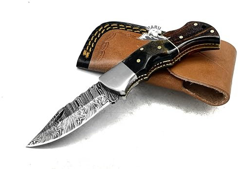Generico Coltello Artigianale Da Caccia in Acciaio Damasco Manico Corno Coltello da Collezione, Coltello Tascabile, Con Fodero