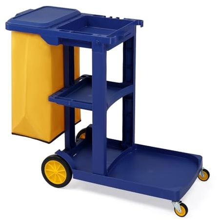 Bonnlo Cleaning Trolley on Wheels – Lightweight Cleaning Caddy with Cleaning Bag, Tool Holders & Shelves, Mini Janitorial & Sanitation Supplies Cart, Wheelie-Bin-Friendly Cleaner (Blue)