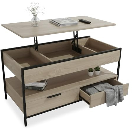 Relaxdays Couchtisch, aufklappbar, 2 Schubladen, 4 Fächer, HBT: 48–63 x 100 x 50 cm, Industrial Sofatisch, Farbwahl