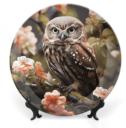 WAFICAC Dekorativer Keramikteller, Bone China-Teller, personalisierter Teller mit Eulen- und Blumenmotiv, inklusive Aufsteller, ideal für die Vitrine oder als Dekoration für Ihr Zuhause