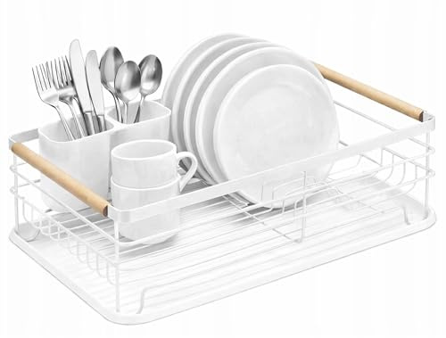 PECZEKO Geschirrabtropfer Weiß – Abtropfgestell mit Besteckhalter, Geschirrtrockner für Küche, 43 × 32 × 14 cm