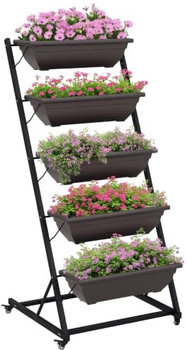 Outsunny Hochbeet aus Holz für Garten Balkon 65 x 67 x 145 cm Kaffee-Braun | Blumenkasten mit 5 Etagen, Gemüsebeet mit Wagenrad-Dekor, Outdoor Kräuterbeet mit Entwässerungslöchern, Blumentreppe