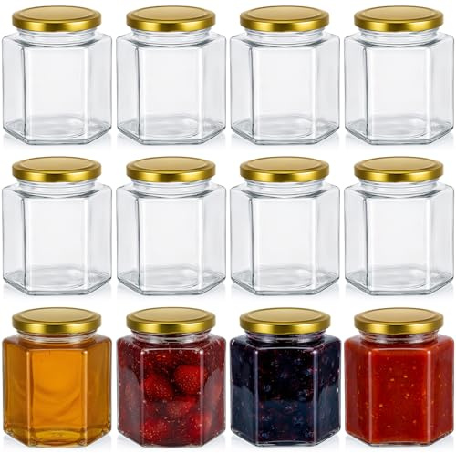 saerryor 12 Pack Hexagonal Glass Jars With Lids 180ml Airtight Pickling Jar | Glass Jam Jars, Air Tight Jars, Preserve, Multi-Purpose Storage, Spice, Pickle, Honey, Candle, Coffee, Chutney, Fruit, Oats