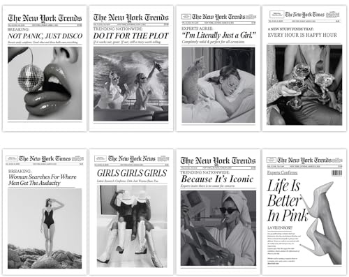 8er Vogue Poster Aesthetic, Vintage Bilder Schwarz Weiß, Zimmer Deko Aesthetic, Wohnzimmer Wandbilder Schlafzimmer, New York Trends Wanddeko Wandposter Set für Wohnung Raum Deko, 20×30cm Ungerahmt