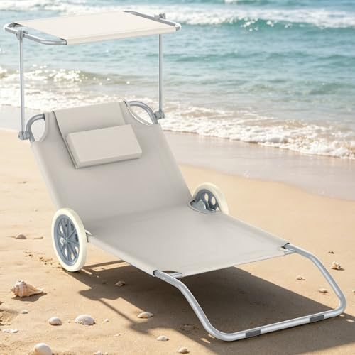 Verdego Strandliege mit Rollen und Sonnendach, Sonnenliege Liegestuhl Klappbar, Gartenliege, Sitzhöhe 15 cm, Rückenlehne Verstellbar, Stahlgestell, Trolleyfunktion, bis 100 kg Belastbar, Grau