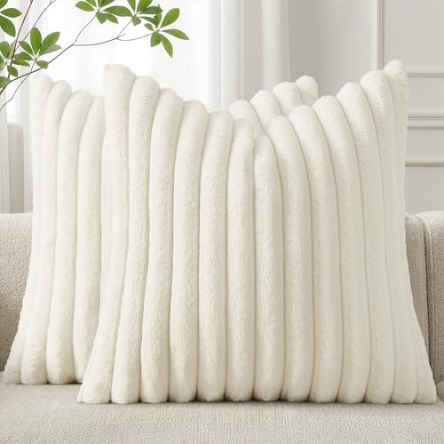 Woaboy 2er Set Kissenbezug 40x40 Flauschige dekokissen Cremeweiß | Flauschige Kissenbezüge Gestreifte Künstlich Pelz Sofakissen Superweich Dekokissen für Wohnzimmer Bett Couch