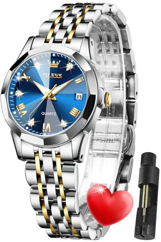 OLEVS Damen Uhr Quarzuhr mit Diamant Edelstahlarmband Wasserdicht Datumsanzeige Elegante Damenuhr für Frauen Geschenke zum Muttertag