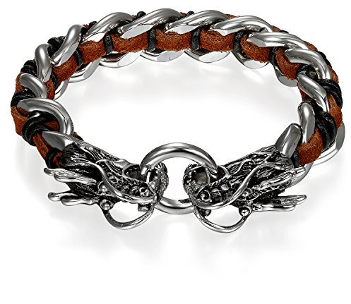 Flongo Herren-Armband Leder-Armband, Edelstahl Leder Echtleder Armband Armreifen Manschette Silber Braun Doppel Doppelseitig Drachen Ring Motorradfahrer Biker Herren Männer