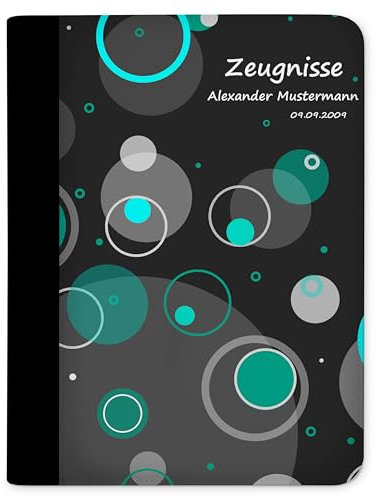 CreaDesign Customize A4 Zeugnismappe für Kinder - 26.7 x 32.7 x 1 cm, erweiterbar auf bis zu 20 Fächer, Sichtbuch ohne Klarsichthüllen, Türkis Kreise Design, Dokumentenmappe für Schüler