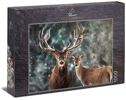 Ulmer Puzzleschmiede - Hirsch-Puzzle Draußen zu Zweit - klassisches 1000 Teile Puzzle - Das Hirschpaar vor winterlichem Hintergrund - modernes Tierpuzzle