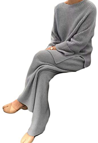 Onsoyours Damen 2 Stück Strickanzug aus Langarm Strickpullover Und Lange Jogginghose Zweiteilige Beiläufig Outfit Freizeitanzug Sportanzug Loungewear Set Grau M