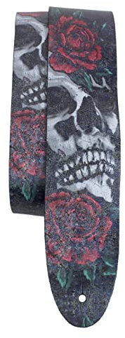 Perri's Leathers Ltd.- Guitar Strap- Direct To Leather- Skull And Rose- Adjustable - For Acoustic/Bass/Electric Guitars - Made in Canada (P25DTL-11039)