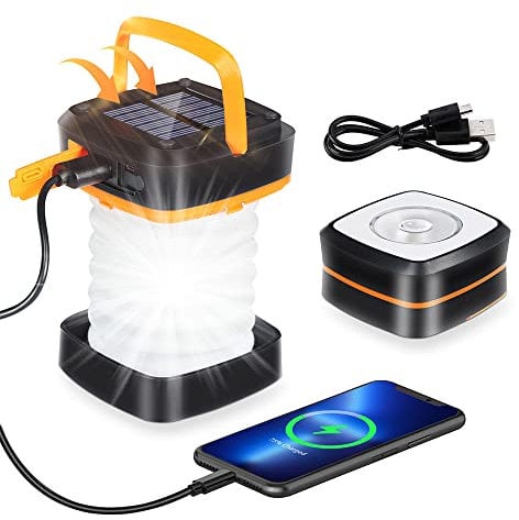 Grezea Led Camping Lanterns for Emergency Lighting, Solar and USB Rechargeable Collapsible Flashlight for Outdoor Hiking Tent Garden (Orange)